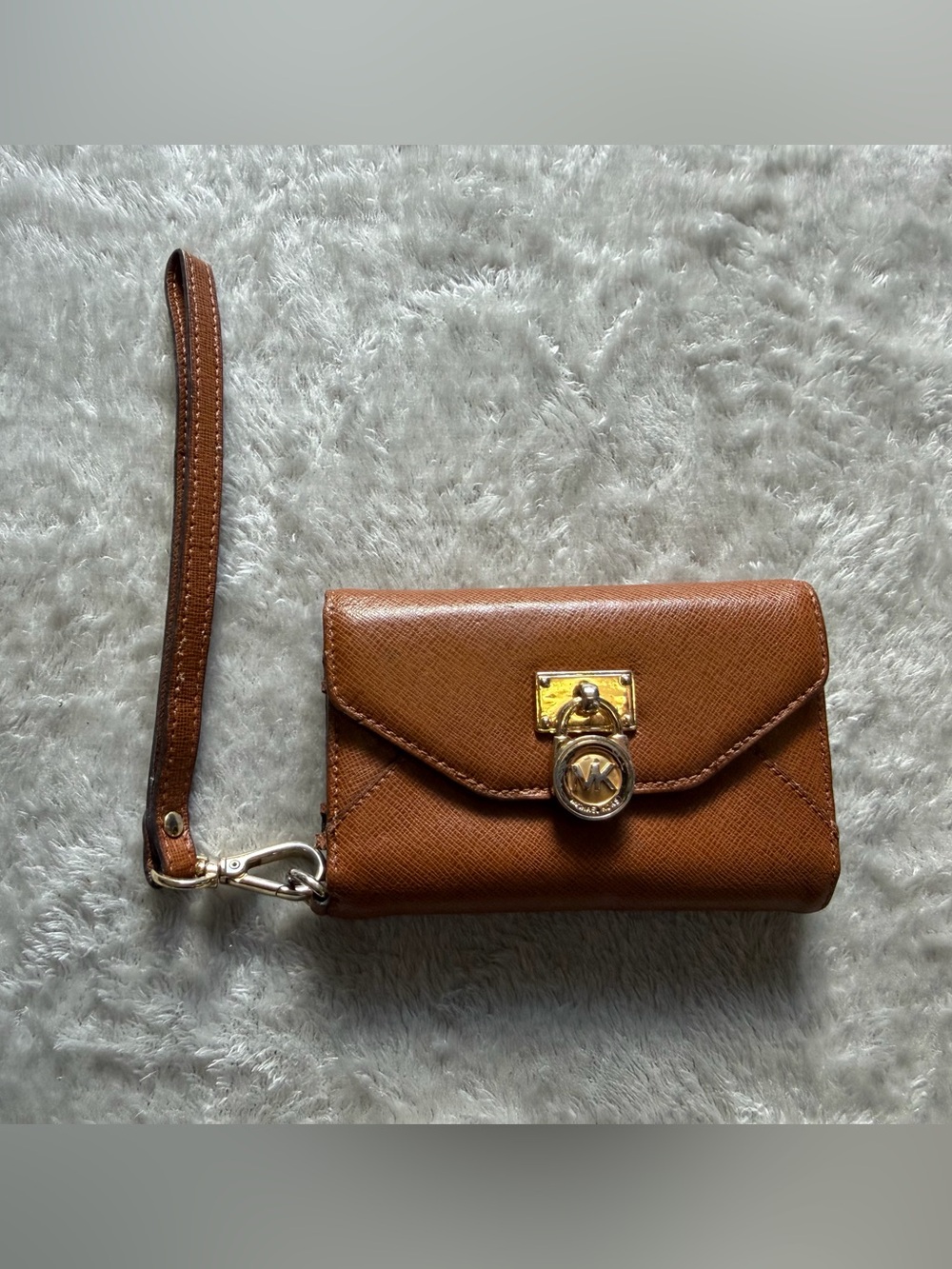 Michael Kors Cognac Brown Leather Wristlet Clutch with IPhone Holder